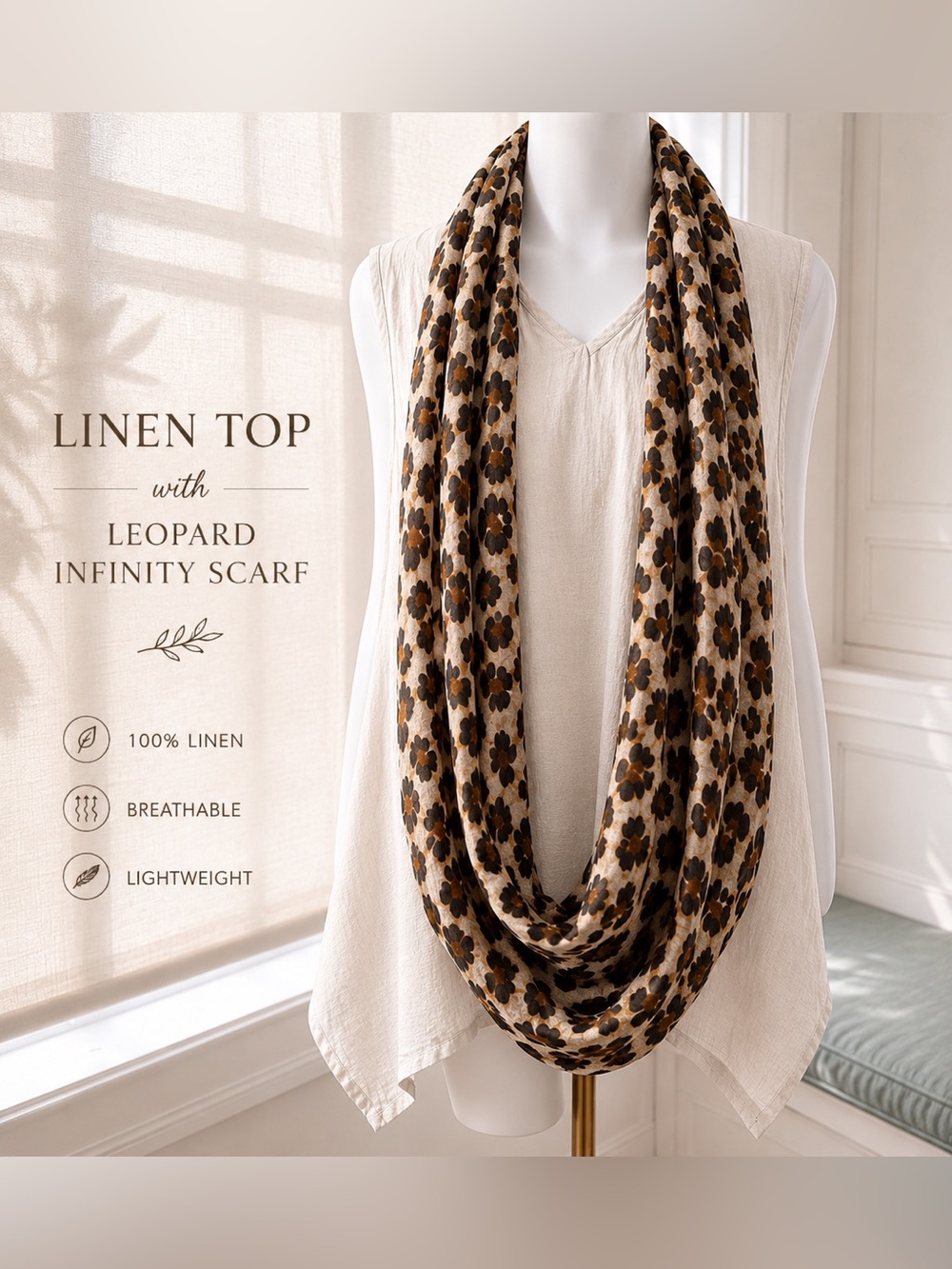 Lulu B 100% Linen Tunic Top + Leopard Scarf Bundle XL